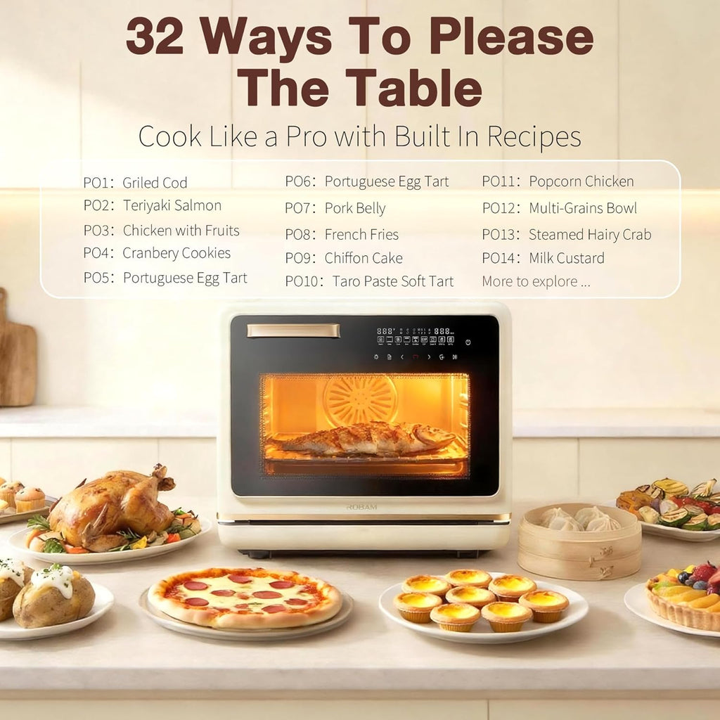 ROBAM Toaster Air Fryer Oven Combo - Large 1.2 Cu.Ft Convection Cooker with 32 Preset Recipes | Smart Touch Temp Control (White)