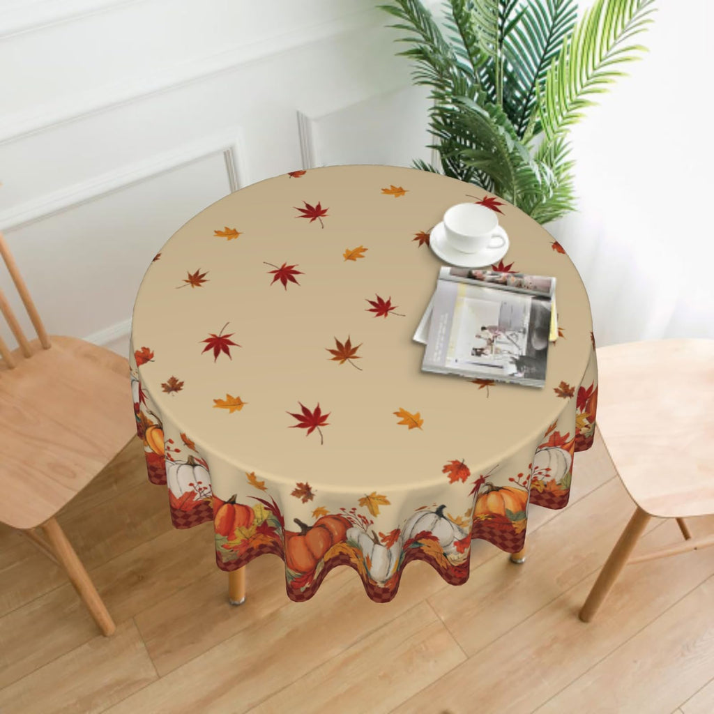 Lvhompro Fall Tablecloth 60 Inch Round White Orange Pumkins Festival Table Cloth Water-Resistant Spill-Proof Washable Fabric Table Cover for Kitchen Dining Party Picnic Indoor Outdoor