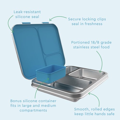 Bentgo Kids Stainless Steel Prints Leak-Resistant Lunch Box - 3-Compartments with Bonus Silicone Container, Durable, Eco-Friendly, Dishwasher Safe, BPA-Free, Ideal for School, Ages 3+ (Dinosaur)