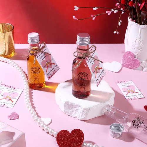 50 Pack Happy Galentine's Day Party Favors Mini Liquor Bottles 1.7oz/50ml Empty Plastic Reusable Small Alcohol Bottles with Silver Screw Caps Tags Twines for Wine Drinks Juicing Supplies