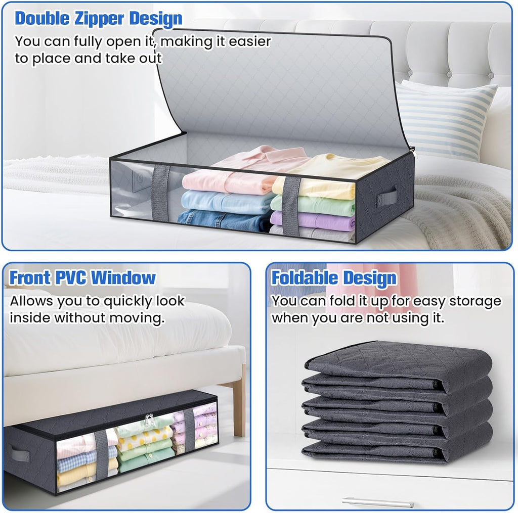 TasticTotes Under Bed Storage Containers - 4 Pack Collapsible Bags with Clear Front | 60L Grey for Clothes & Blankets