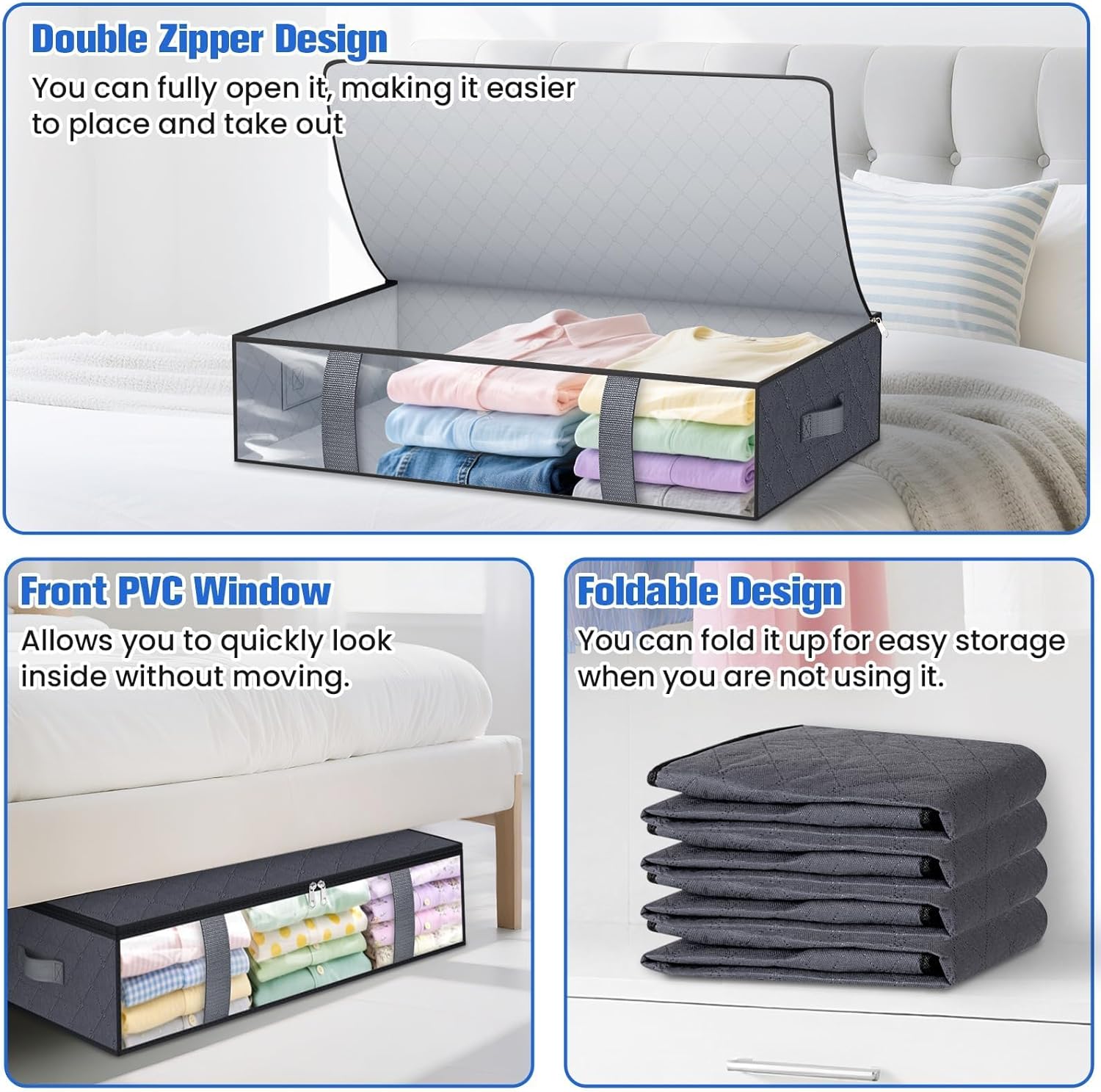TasticTotes Under Bed Storage Containers - 4 Pack Collapsible Bags with Clear Front | 60L Grey for Clothes & Blankets