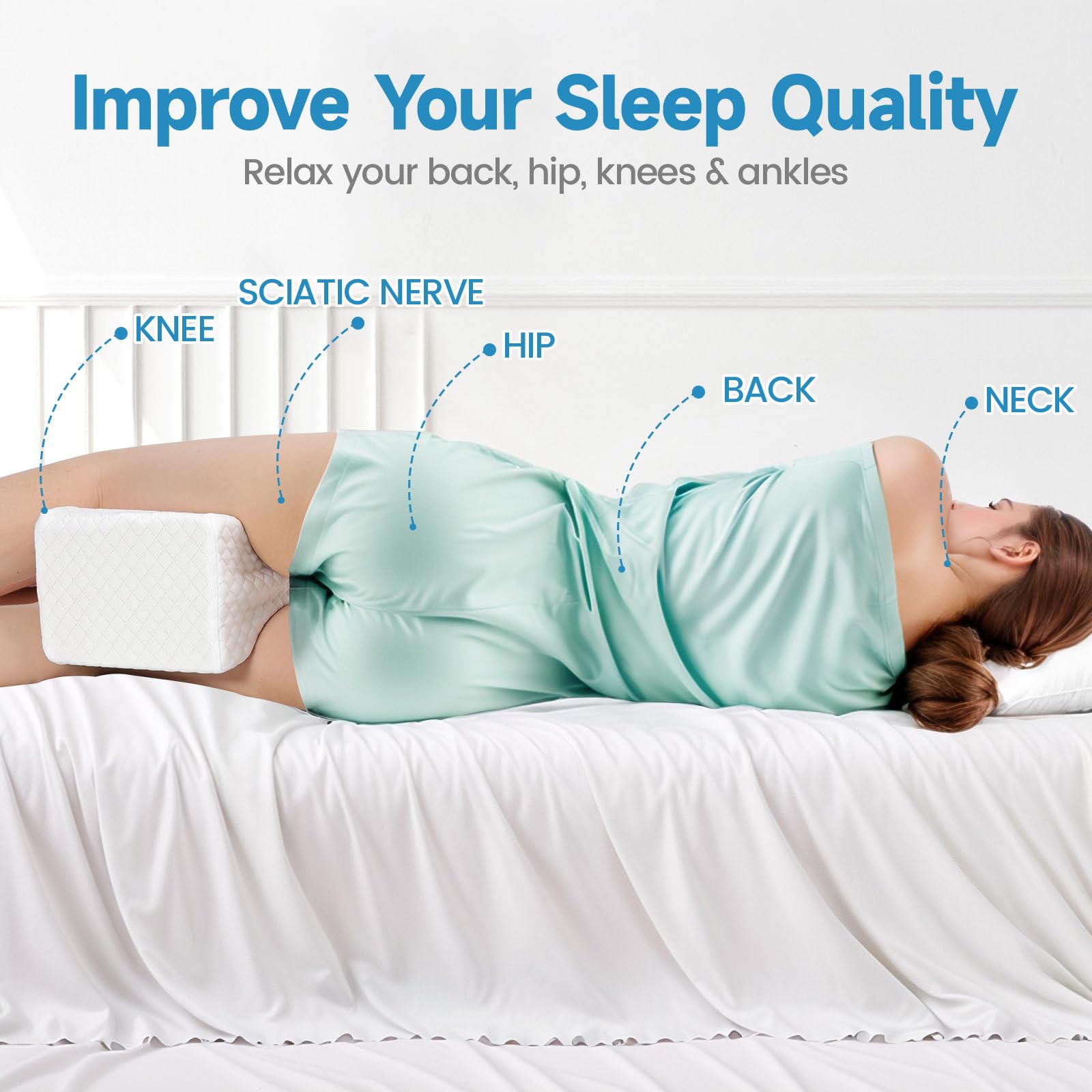 SweetSlubr Memory Foam Knee Pillow for Side Sleepers, Support Leg Pillow for Side Sleeping, Smooth Spine Alignment Pillow, Cushion for Hip, Back, Sciatica, Knee, Joints Pain Relief, White