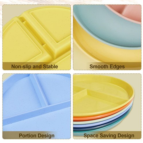 Divided Plates for Adults (8 Packs), Unbreakable Portion Control Plate Sectioned with Dividers, 9 Inch Plastic Food Separator Dinner Plates Lightweight Compartment BPA Free Reusable Microwave Safe