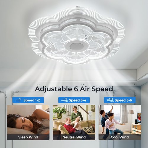 Ceiling Fan with Lights Remote Control, Enclosed flower light fan, with Bluetooth Speaker 3 Colors Dimmable 6 Speeds, Flush Mount Bladeless Petal Chandelier APP Control 19.6 In for Bedroom, Indoor