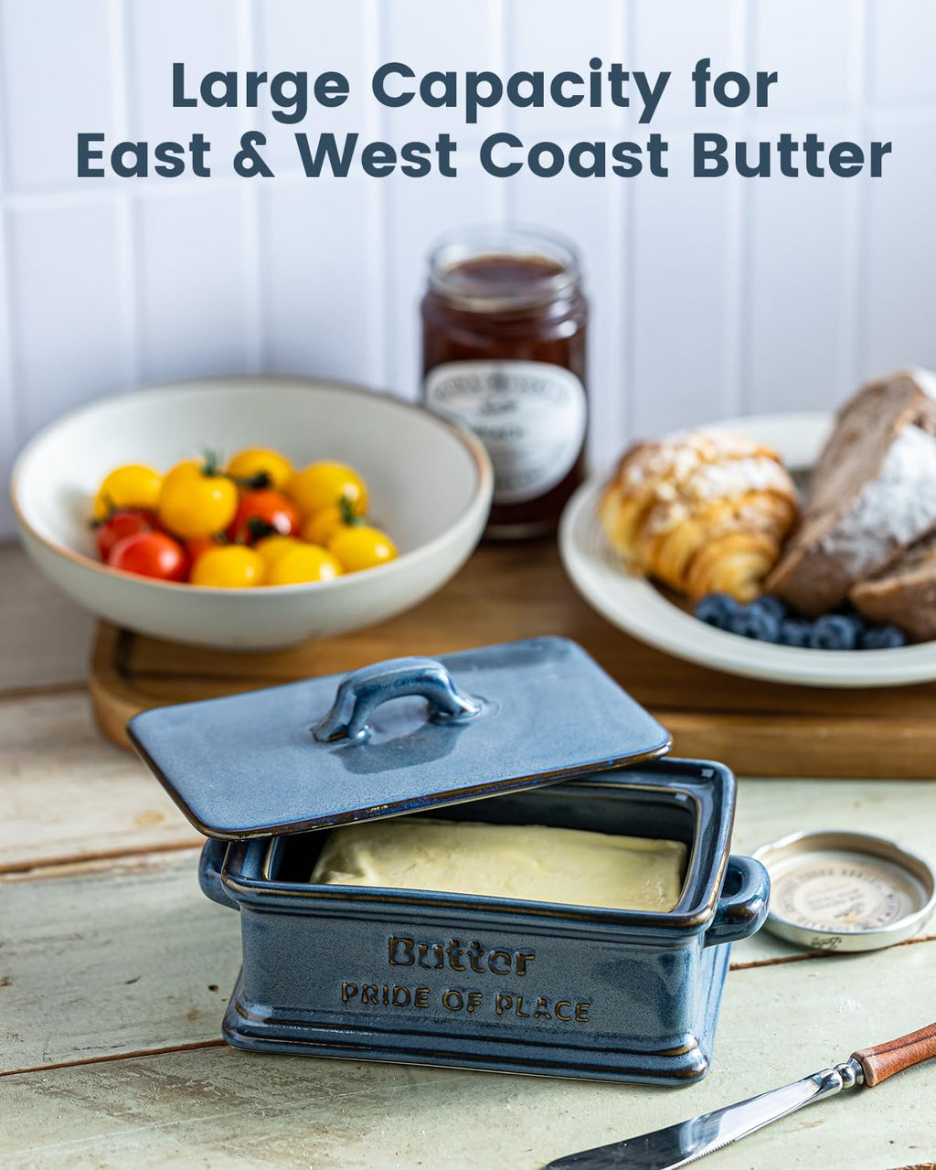 Zoeeker Butter Dish with Lid, Porcelain Butter Dish for Countertop Large Butter Keeper Butter Holder Container for East West Coast Butter, Farmhouse Decor for Mother's Day, Blue