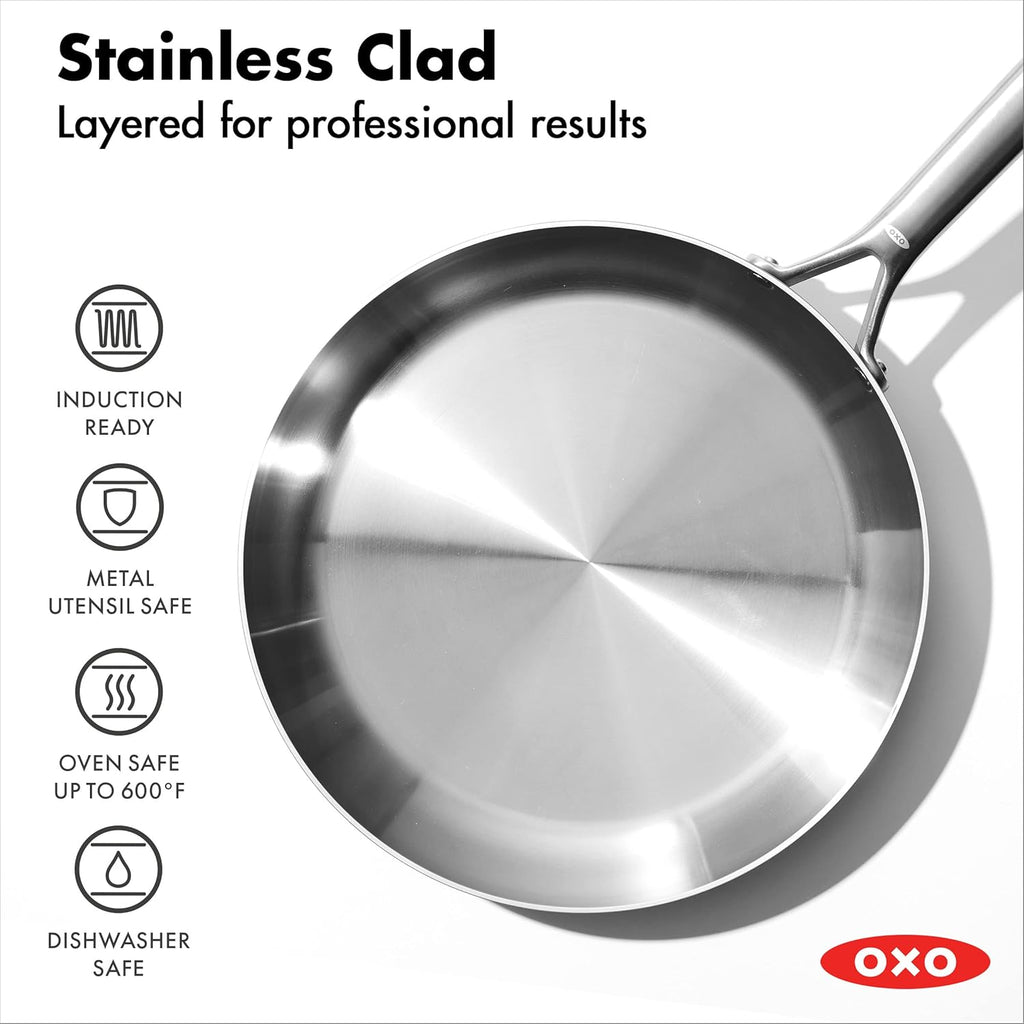 OXO Mira Tri-Ply Stainless Steel Frying Pan - 12" Induction Skillet, Dishwasher Safe, Metal Utensil Safe