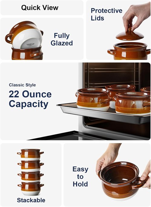 LE TAUCI French Onion Soup Bowls - 22 Oz Oven Safe Ceramic Crocks with Lids & Handles | Set of 4