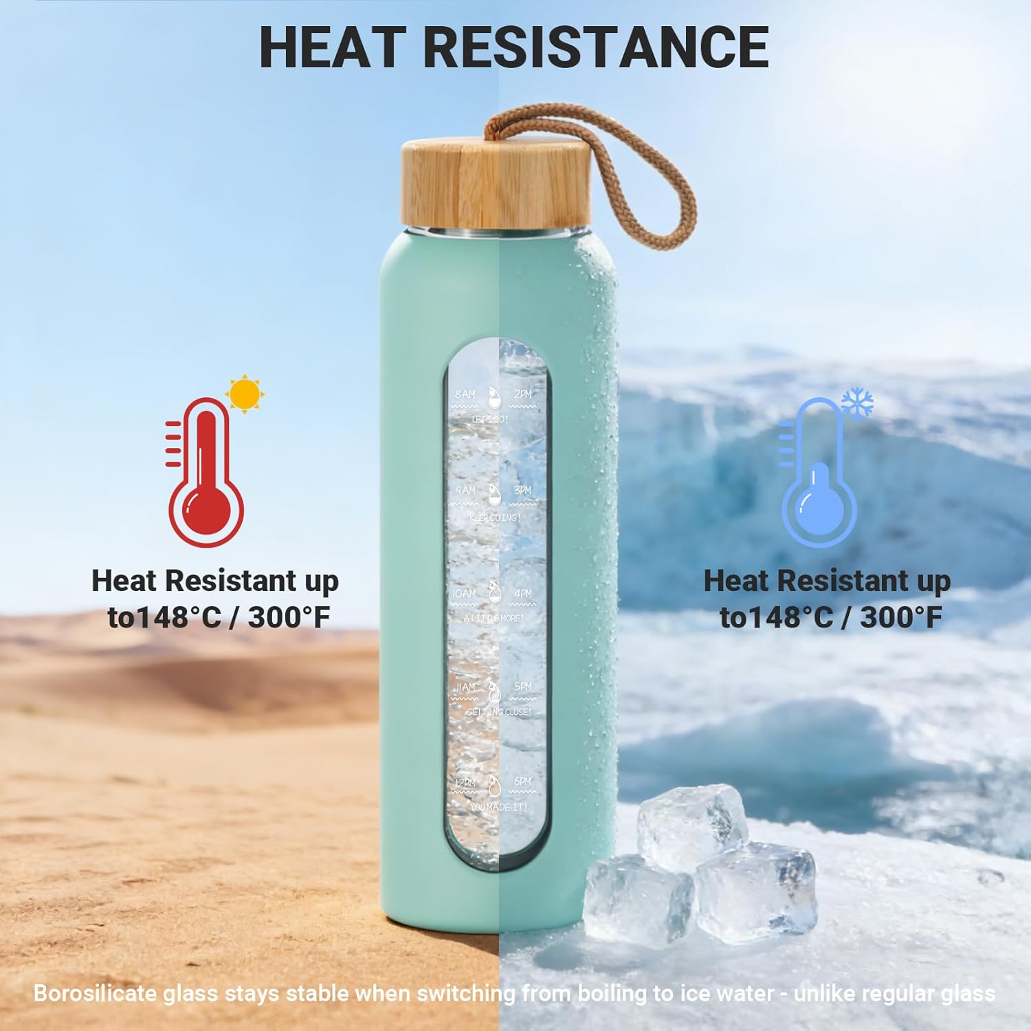 Sursip 32 oz Glass Water Bottle - BPA-Free, Motivational Time Marker, Leak-Proof Design, Eco-Friendly Bamboo Lid