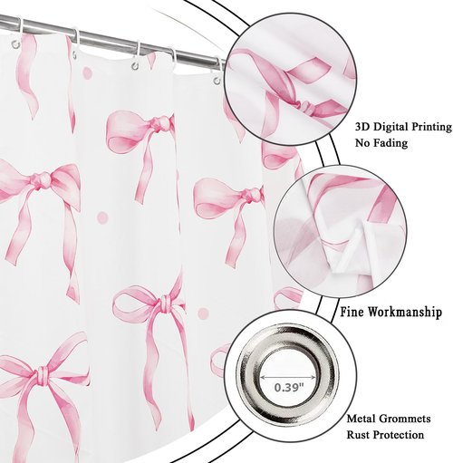 Caheansi Pink Shower Curtain, Pink and White Modern Aesthetic Bowknot Polka Dot Cute Girly Bathroom Curtain Waterproof Fabric Machine Washable with Hooks, 72" Wx72 L
