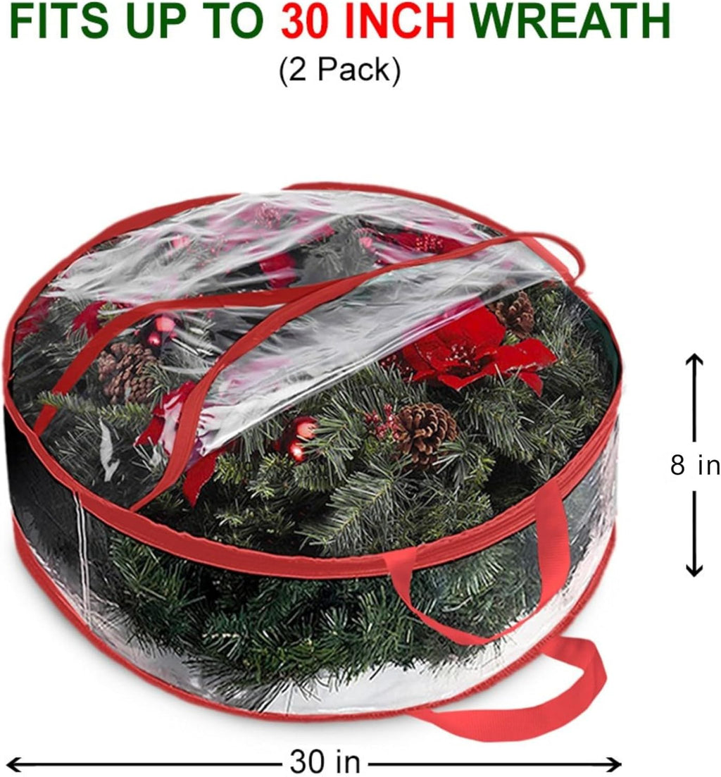 ProPik Christmas Wreath Storage Bag - Waterproof Clear PVC Container for 30" Wreaths | 2-Pack, Red