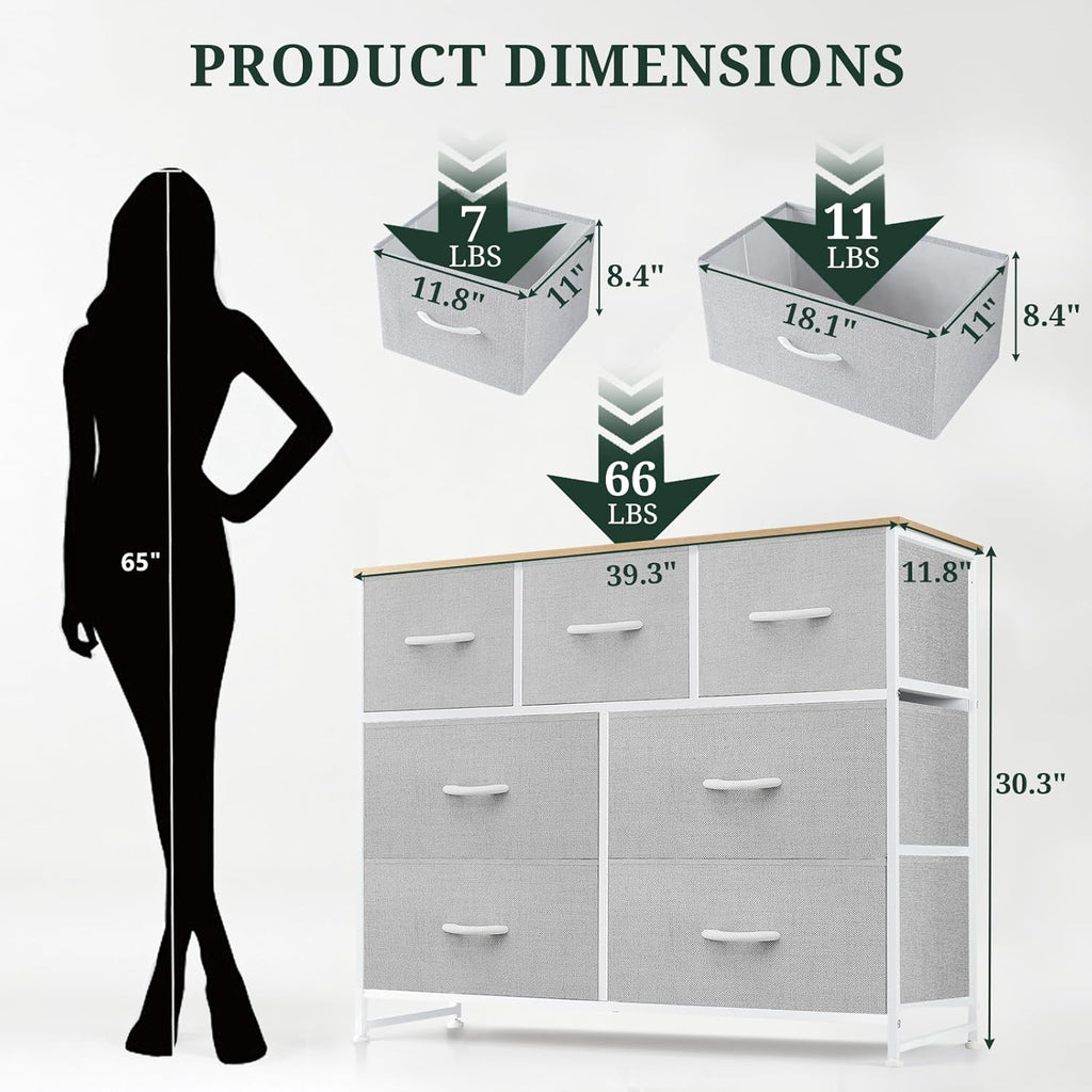 Skiennix 7-Drawer Dresser - Anti-Tip Fabric Storage Organizer with Wooden Top | Light Gray Finish