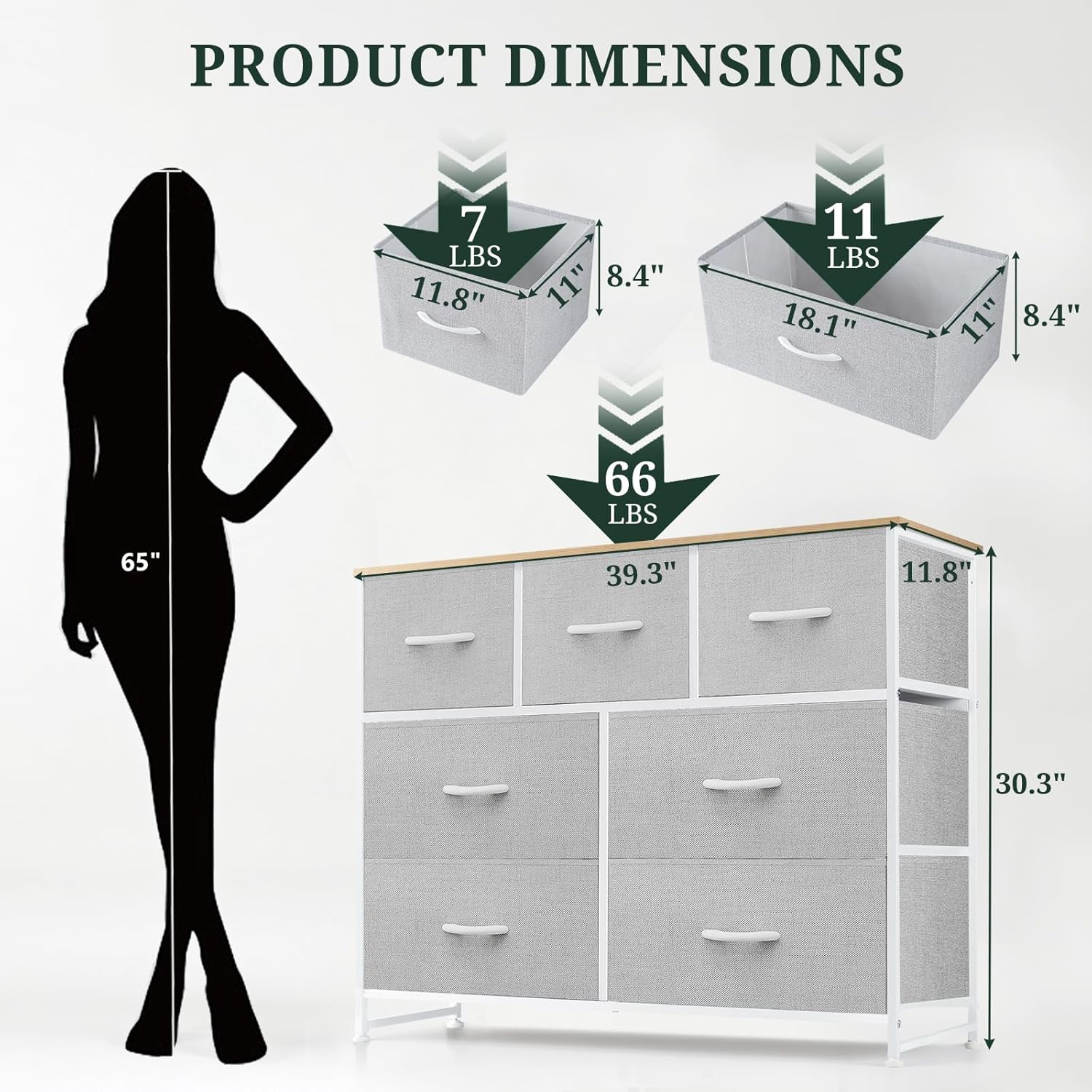 Skiennix 7-Drawer Dresser - Anti-Tip Fabric Storage Organizer with Wooden Top | Light Gray Finish