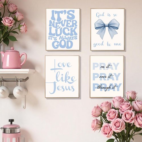 EVER-GOING TUNE Gray Blue Jesus Wall Decor Set of 4 - Inspirational Bible Verse Art for Girls' Bedrooms | 8x10 Unframed