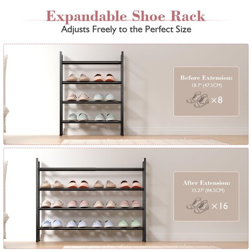 Bumusty 4-Tier Expandable Shoe Rack for Closet, 18“-33” Adjustable Shoe Rack for Small Space, Small Shoe Organizer for Front Door, Sturdy Metal, Black
