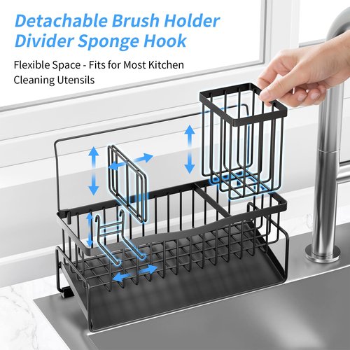 Adurei Sponge Holder for Kitchen Sink 304 Stainless Steel Self-Draining Sink Caddy with Smiley Face Sponge and Brush Holder Towel Bar and Divider Kitchen Gadgets Organizer for Countertop, Black