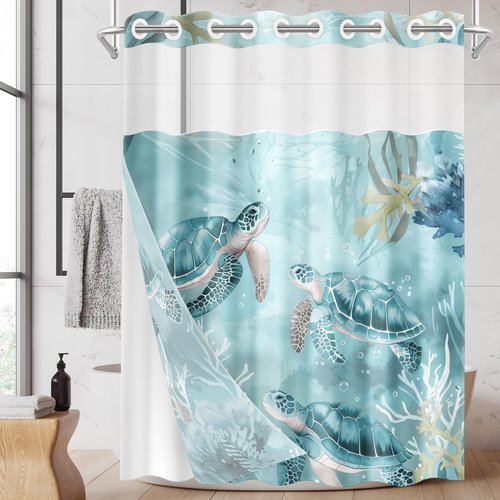 Nesphy No Hook Nautical Teal Sea Turtles Shower Curtain with Snap in Fabric Liner Set, Ocean Beach Double Layers Waterproof Fabric with See Through Top Window Open Grommet Bath Curtain 71x74 Inch