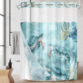 Nesphy No Hook Nautical Teal Sea Turtles Shower Curtain with Snap in Fabric Liner Set, Ocean Beach Double Layers Waterproof Fabric with See Through Top Window Open Grommet Bath Curtain 71x74 Inch