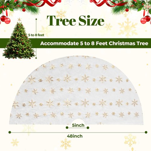 Christmas Tree Skirt 48 Inches Faux Fur Christmas Tree Skirt White with Gold Sequin Snowflakes Large Xmas Tree Skirt Christmas Tree Base Cover Party Decorations Ornaments