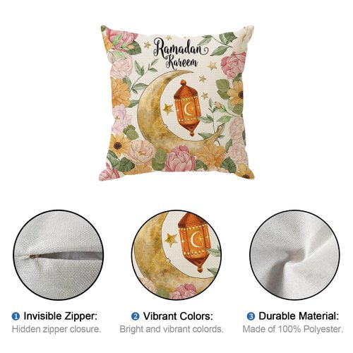 ZAEW Flowers Golden Lantern Moons Stars Ramadan Kareem Pillow Covers Throw Pillow Cases Set of 4 Decorations for Home Sofa Cushion Cover Party Holiday Decor 18x18 Inch