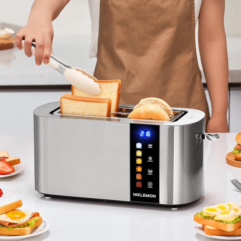 NIKLEMON Stainless Steel 4-Slice Toaster - LED Display, Touch Buttons, Extra Wide Slots, 1300W