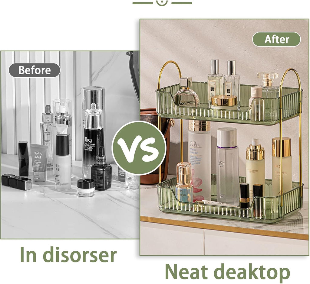 Shuang Qing Bathroom Counter Organizer - 2-Tier Makeup & Skincare Shelf in Green | Versatile Vanity & Spice Rack