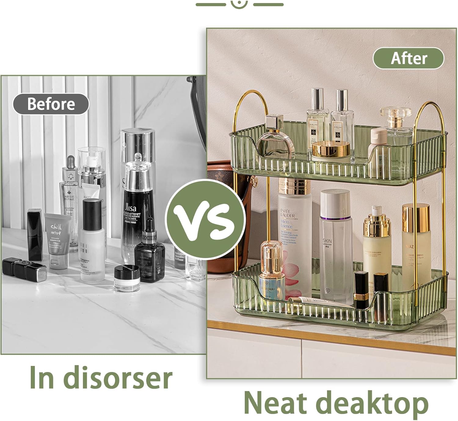 Shuang Qing Bathroom Counter Organizer - 2-Tier Makeup & Skincare Shelf in Green | Versatile Vanity & Spice Rack