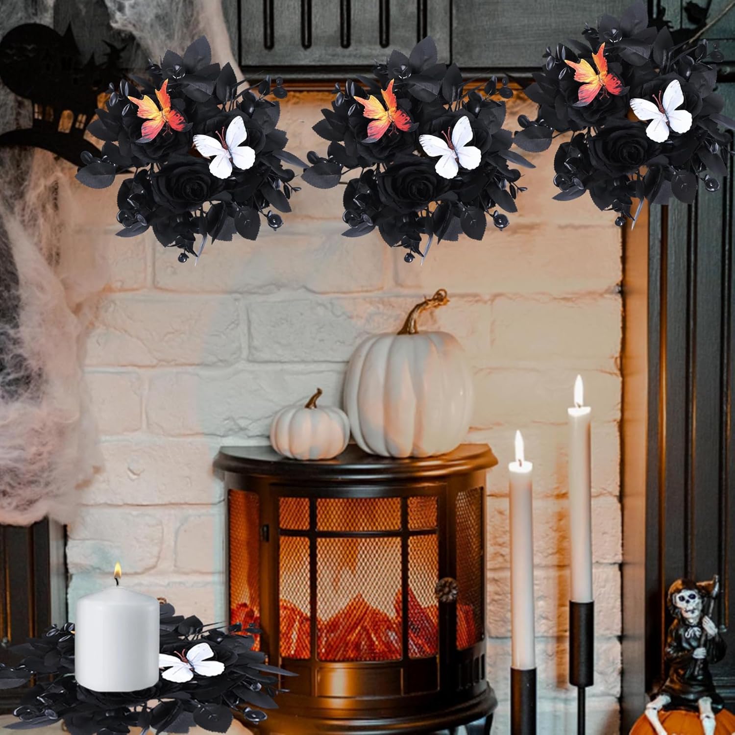 Regine Switzerland Halloween Rose Candle Ring Wreath - Gothic Black Floral with Butterfly & Artificial Leaves | Elegant Table Centerpiece