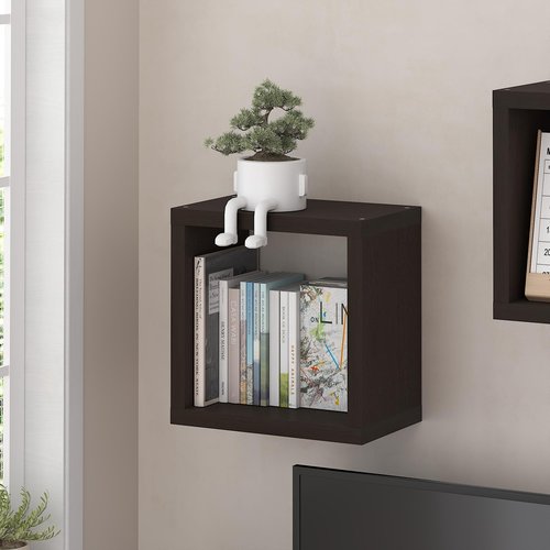 Furinno Cubicle Floating Shelves for Wall, Cube Wall Shelf, Extra Thick Wall Mounted Book Shelf, Single Cube, 16" x 16" x 9.8", for Bathroom, Bedroom, Living Room, Black Dark Oak