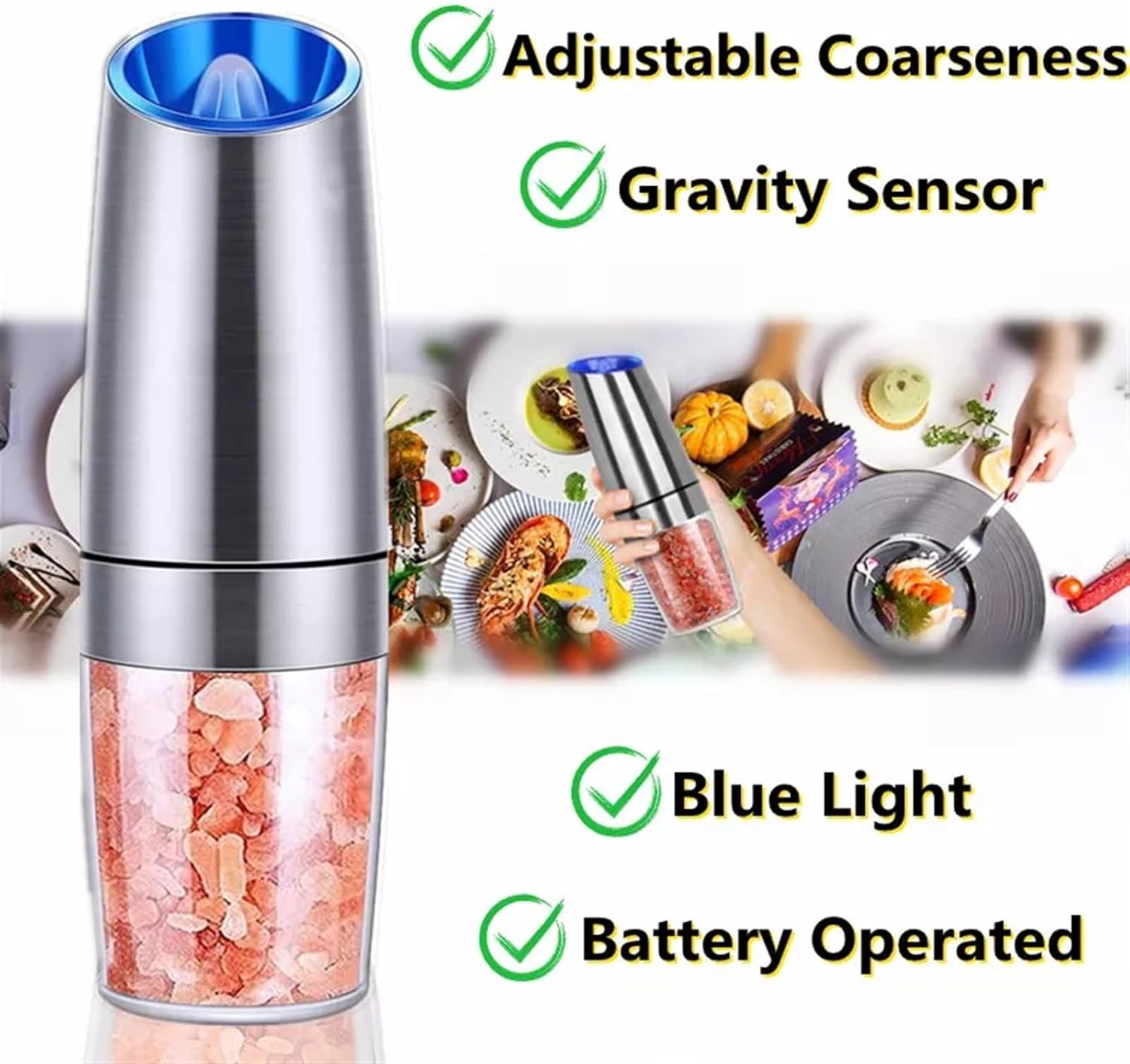 2 Pack Gravity Electric Pepper and Salt Grinder, Larger Capacity Stainless Steel Mill Grinder Battery Powered with LED Light, Adjustable Coarseness, One Hand Automatic Operation for Kitchen BBQ