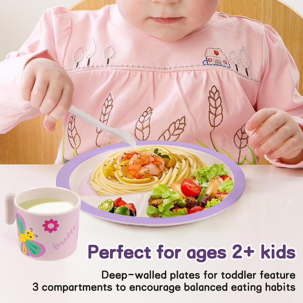PHEENOWL Kids Dinnerware Set, Includes Toddler Plate Bowl Tumbler and Utensils, BPA Free Bamboo Fiber Material Perfect for Little Girls (Purple - Butterfly Theme)