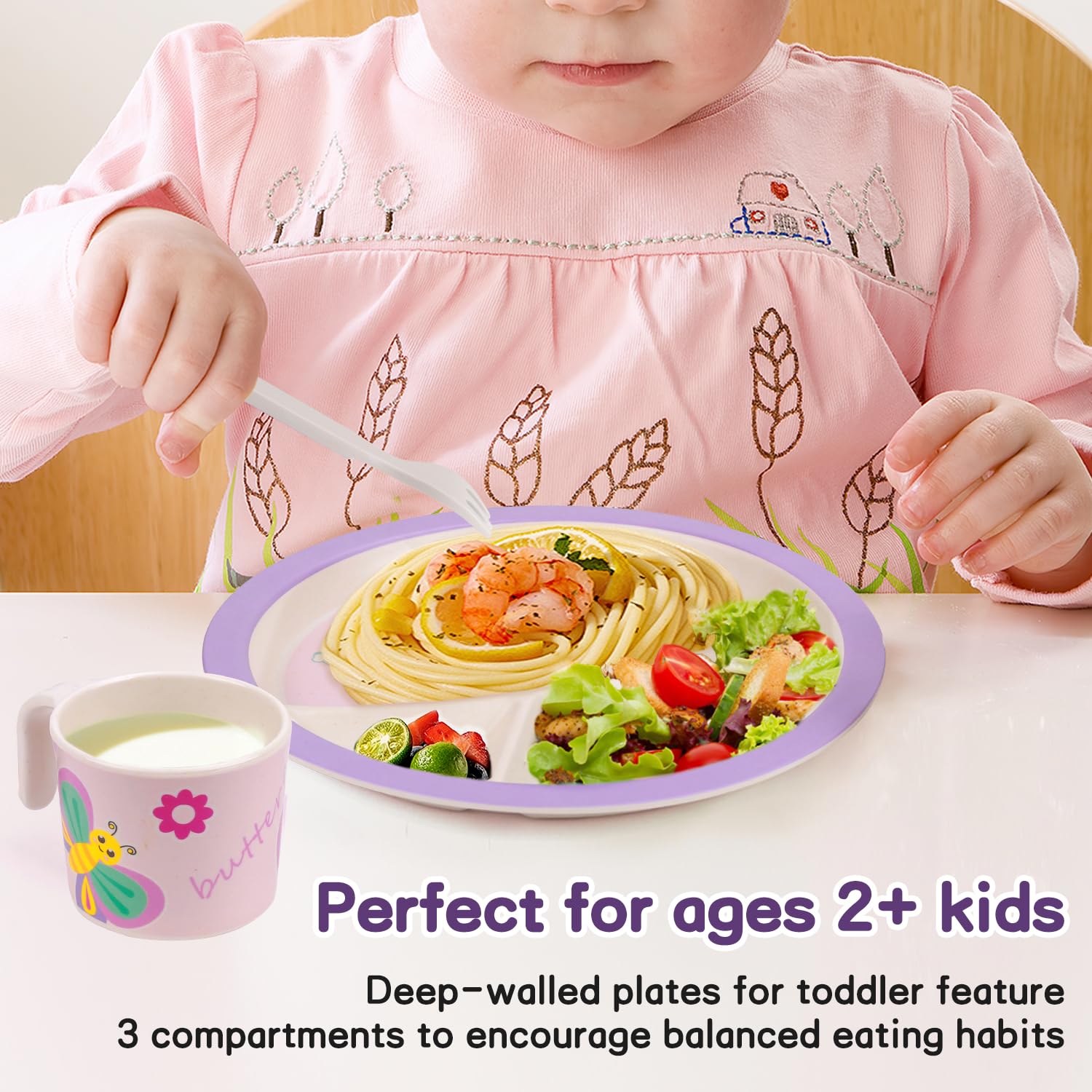 PHEENOWL Kids Dinnerware Set, Includes Toddler Plate Bowl Tumbler and Utensils, BPA Free Bamboo Fiber Material Perfect for Little Girls (Purple - Butterfly Theme)