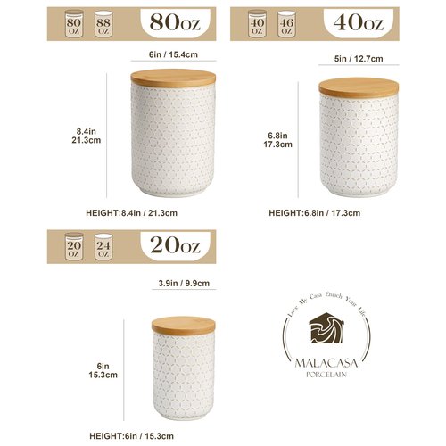 MALACASA LYDIA Ceramic Canisters Set with Airtight Lids, 80/40/20 oz Coffee Canisters Sets for the Kitchen, Large Jars for Flour, Sugar, Pasta, Coffee, Cookies, Tea - Set of 3, Hexagon