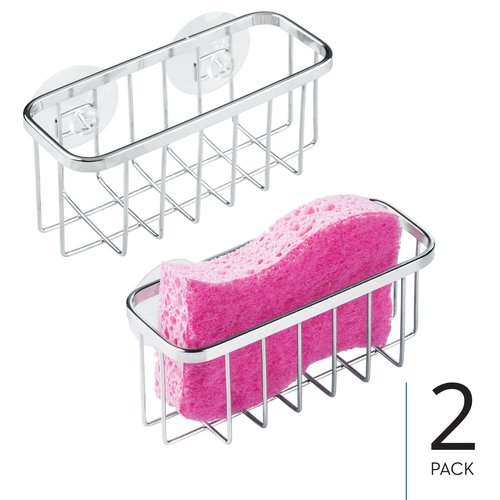 iDesign Stainless Steel Suction Sponge Holder, Kitchen Sink Sponge Caddy Organizer, 2-Pack, Polished