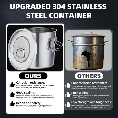 Alinwirsy 12L/3.2 Gal 304 Stainless Steel Food Containers 404 Oz Stainless Container with Lid and Lock Airtight Canister for Storage 304 Stainless Steel Food Storage Containers Stainless Bucket