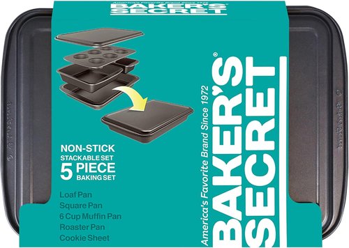 Baker's Secret Stackable Baking Set - 5 Essential Bakeware Pans | Muffin, Roaster, Square, Cookie & Loaf Pan