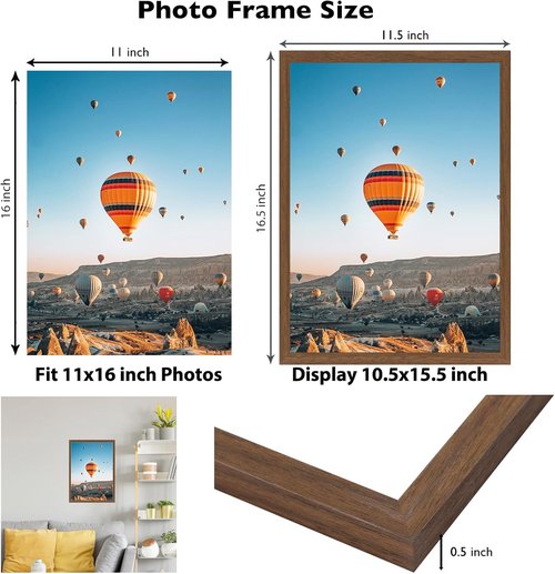 JCJMY 11x16 Picture Frame - Brown Wall Mounting Frame with Shatter-Resistant Plexiglass