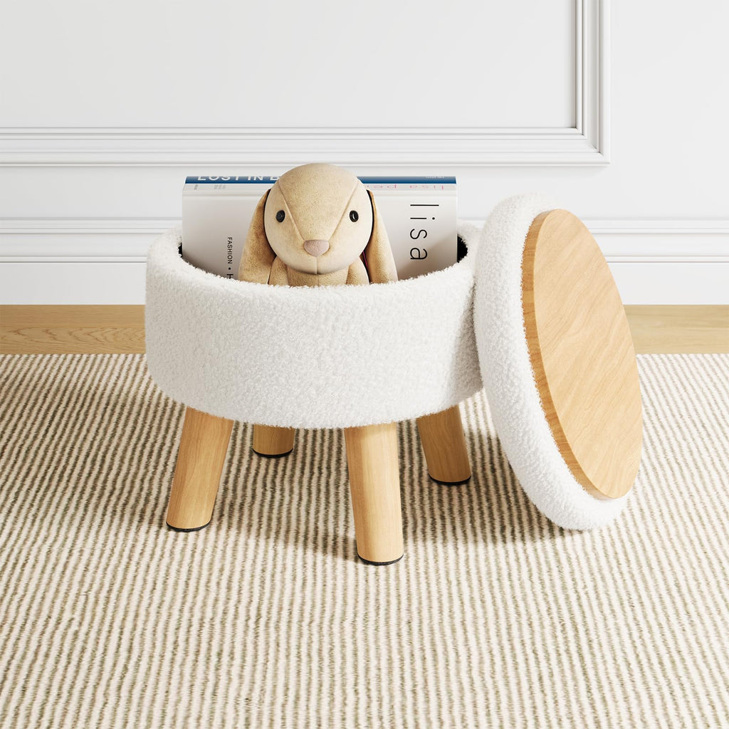 WBKATN Small Ottoman Footrest, White Boucle Foot Stool, Round Pouf Ottoman with Storage, Teddy Velvet Foot Rest for Couch, Living Room, Nursery, Small Coffee Table Ottomans Stool