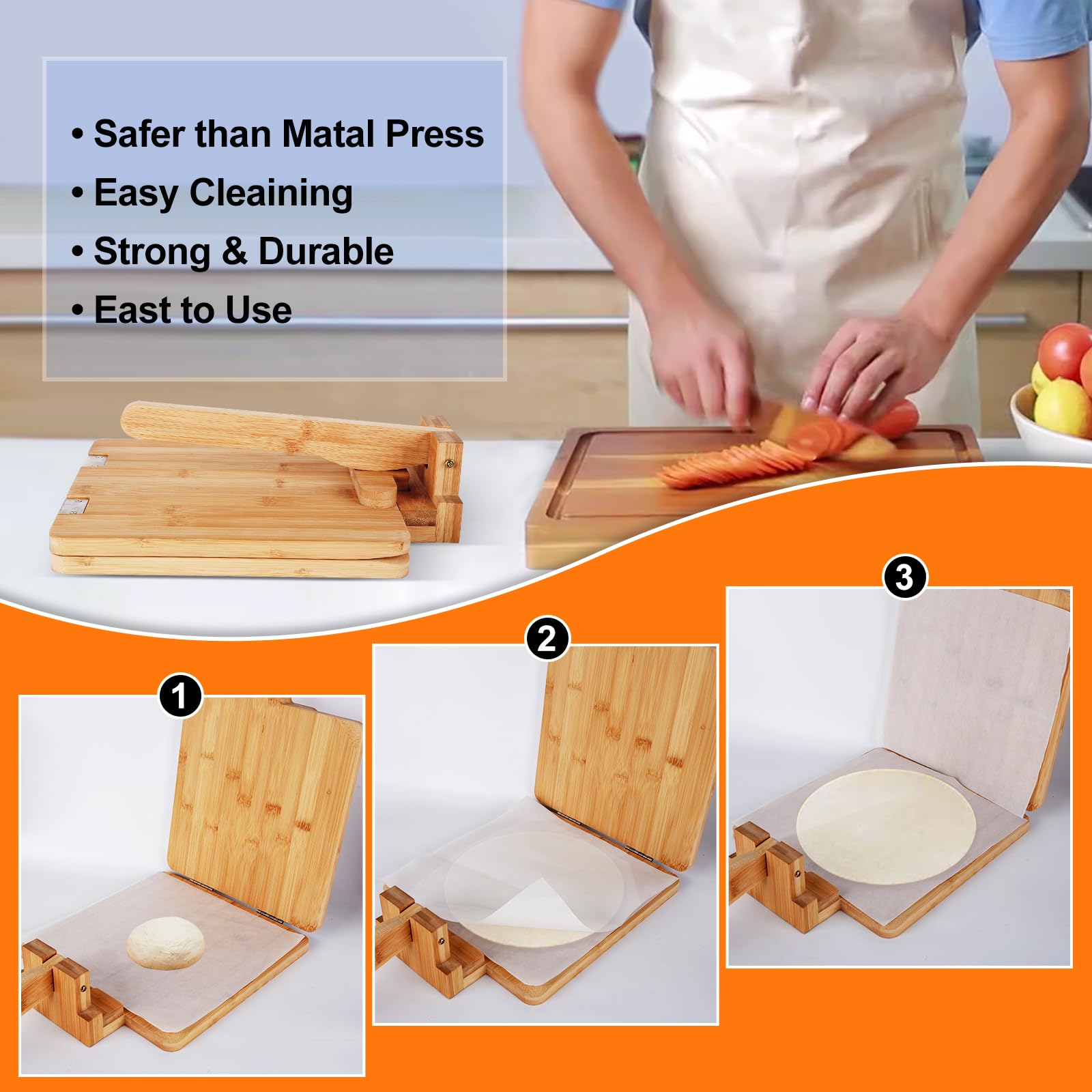 QVEEQ Premium Wooden Tortilla Press, Tortilla Press 10 Inch, Tortilla Maker With 50 Pieces Parchment Paper For Tortillas Roti Burrito, Mexican Tacos, Patacones Square