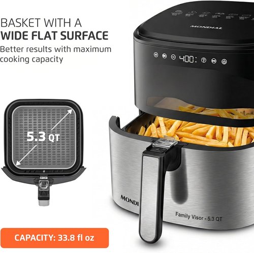 Mondial Air Fryer - Digital Visor 5.3QT Capacity | High Power & Elegant Stainless Steel Finish