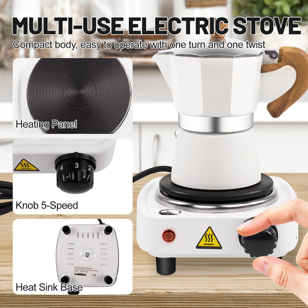 DITOSH 7-in-1 Moka Pot Espresso Set with Electric Stove 3 Cup Aluminum Stovetop Coffee Maker Percolator Italian Classic Mocha Coffee Machine with Hand Grinder Sealing Canister Spoon Portable Camping