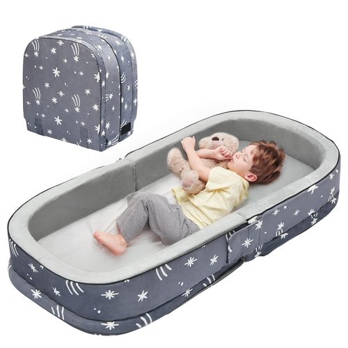 Lvimilio Portable Toddler Travel Bed, Foldable Kids Floor Bed for Home/Travel with Foam Mattres, Toddler Cot for Kids Aged 1-4, Velvet Fabric