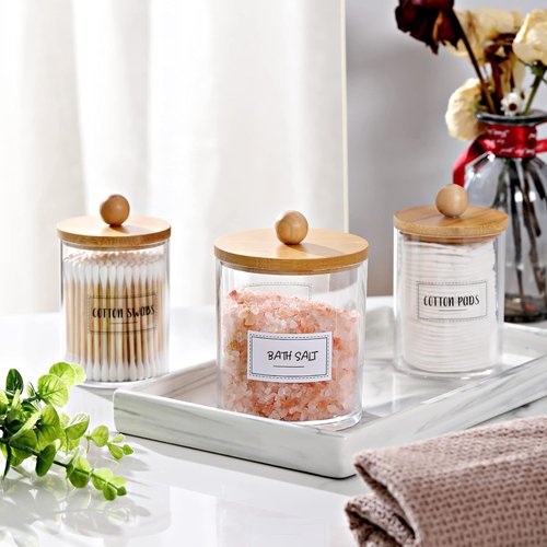 Apothecary Jar Qtip Holder Dispenser Set - 3 Pack Bamboo Lids for Vanity Organizer Storage