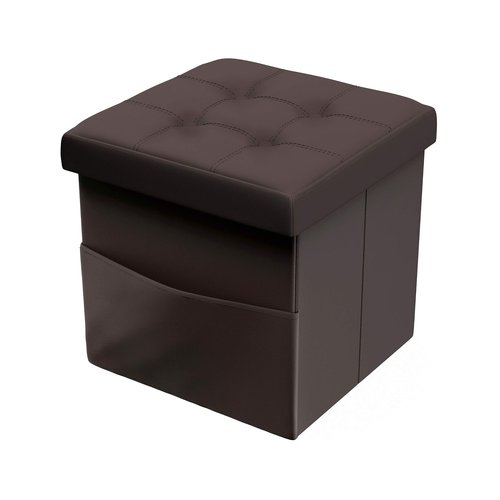 Lavish Home Foldable Storage Cube Ottoman with Pocket – Tufted Faux Leather Footrest Organizer for Bedroom, Living Room, Dorm or RV, Chocolate Brown