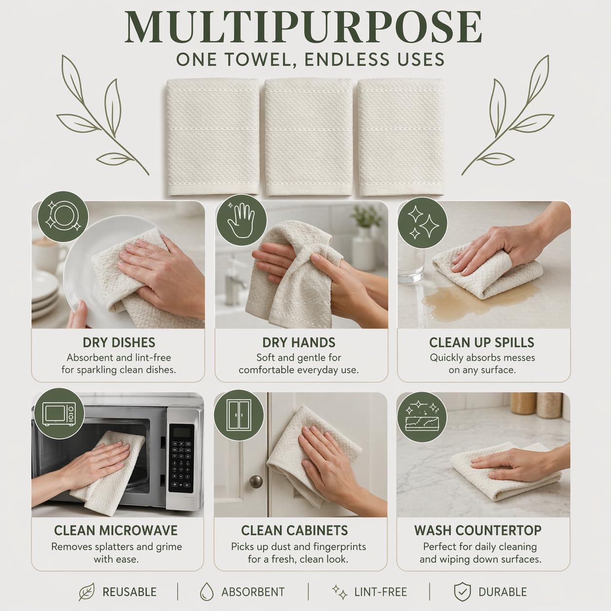 Off White Ivory Cream Kitchen Hand Dish Towels: Oversized 28" x 18",100% Cotton Cloth Soft Cleaning Drying Absorbent Textured Design, Set of 3 Multipurpose for Everyday Use (Creme Textured)