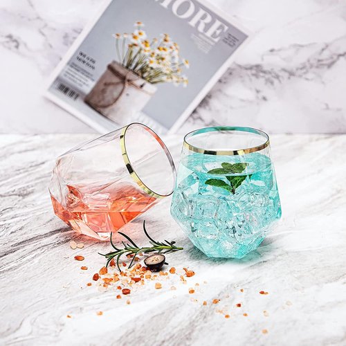Hyuetrsa 100 Pcs 12 Oz Plastic Wine Cups Gold Rim Plastic Diamond Wine Glass Disposable Stemless Wine Glasses Unbreakable Diamond Wine Glasses for Housewarming Birthday Party Wedding