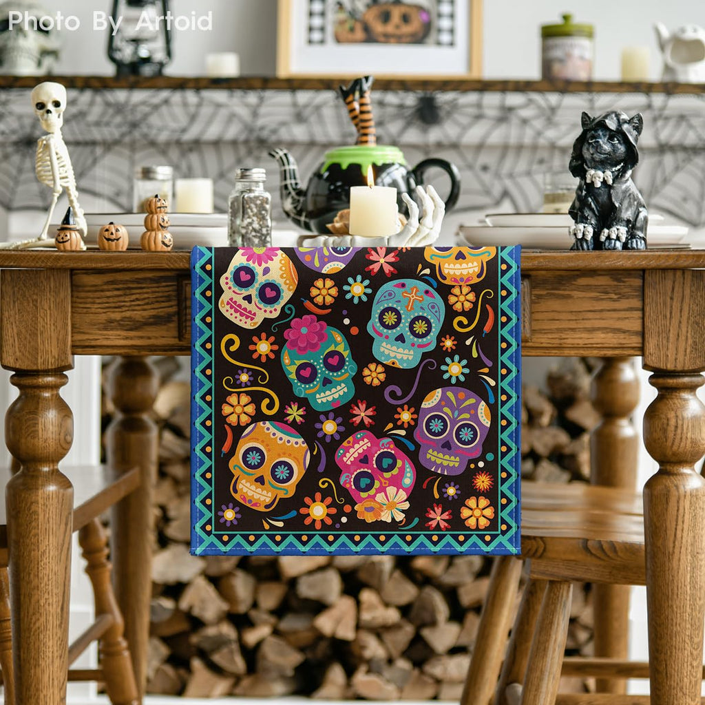 Artoid Mode Suger Skulls Floral Day of The Dead Table Runner, Halloween Seasonal Kitchen Dining Table Decoration for Home Party Decor 13x90 Inch