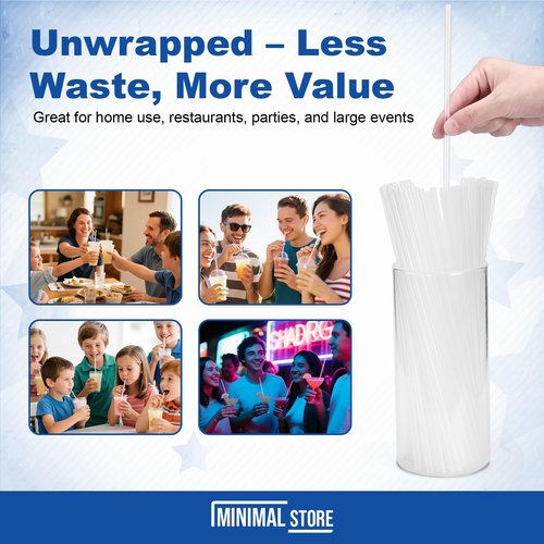 Minimal Store 150 PCS Clear Plastic Disposable Drinking Straws – 7.75" x 0.24", Unwrapped Straws Plastic for Party, Home, Travel – BPA-Free, Value Pack, Made in USA