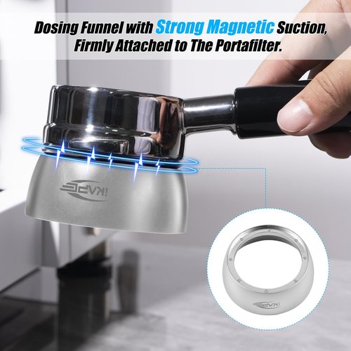 IKAPE 53mm Espresso Accessory Kit 6 in 1 Silver. Includes a Tamper, Distributor, Dosing Funnel, Puck Screen, Silicone Mat Station, and Cleaning Cloth