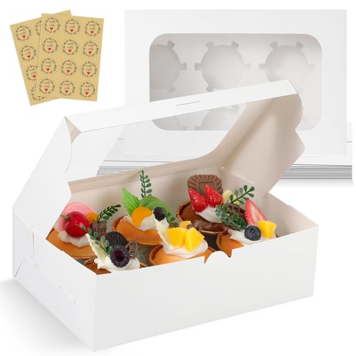 KGVZPT White Cupcake Boxes Holds 6 Standard Cupcake Container,50 Packs,Pastry and Bakery,9.4x6.1x3.14Inches Cookie Boxes with Window and Six Treat Holder for Birthday Holiday Party Bakery